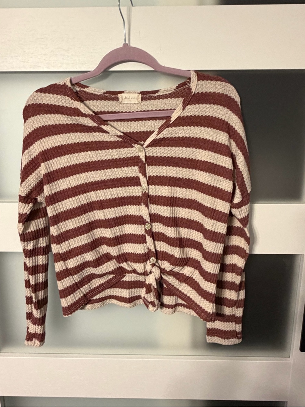 Altar'd State Striped V-Neck Tie-Front Sweater - Cream & Brown